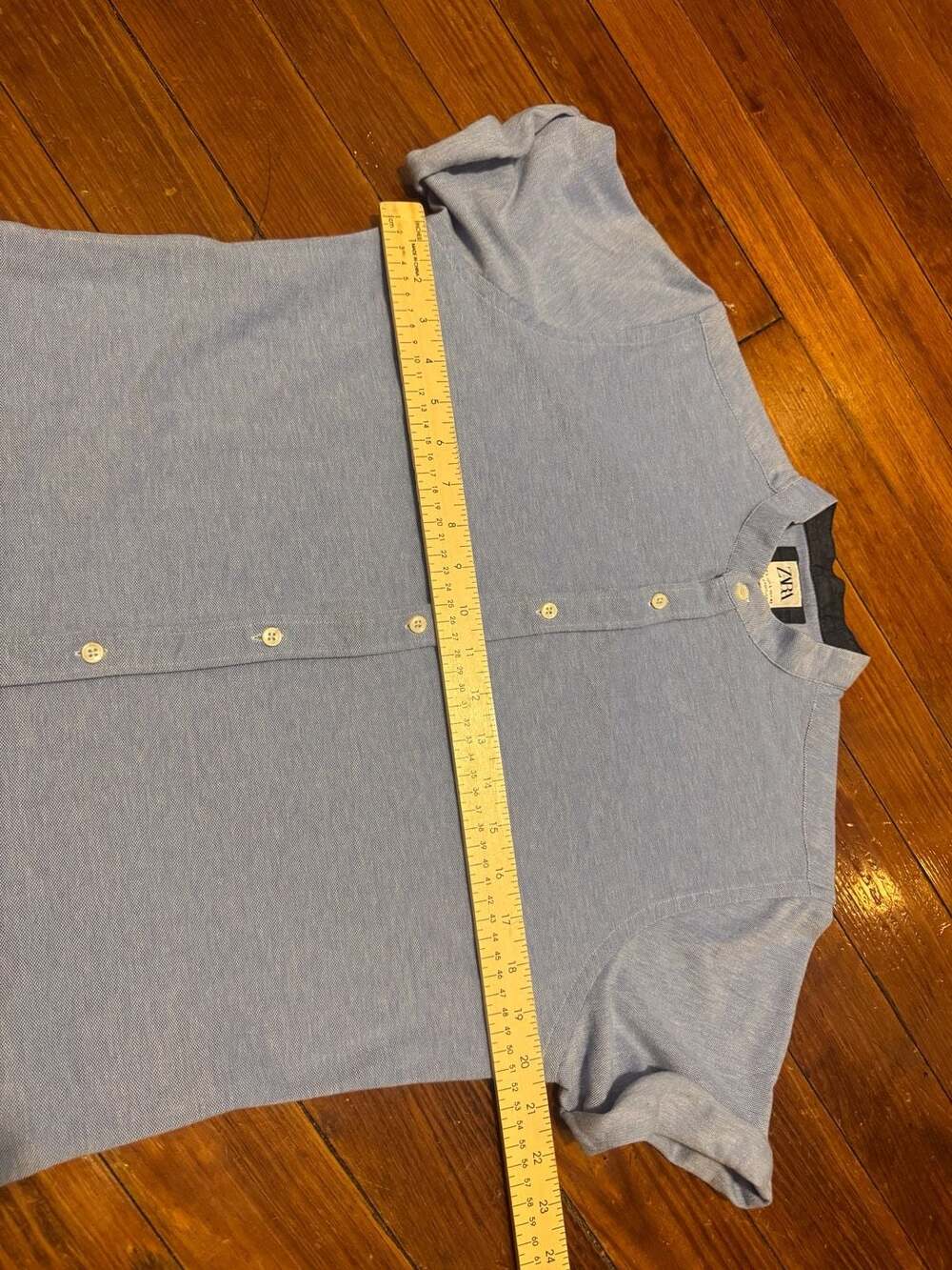 Zara Men's Slim Fit Light Blue Short Sleeve Band Collar Cotton Polo Shirt SIZE L - Picture 3 of 6